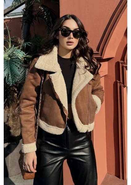 Kadın Süet Mont Kısa Içi Kürklü Kruvaze Fermuarlı Cepli Ceket