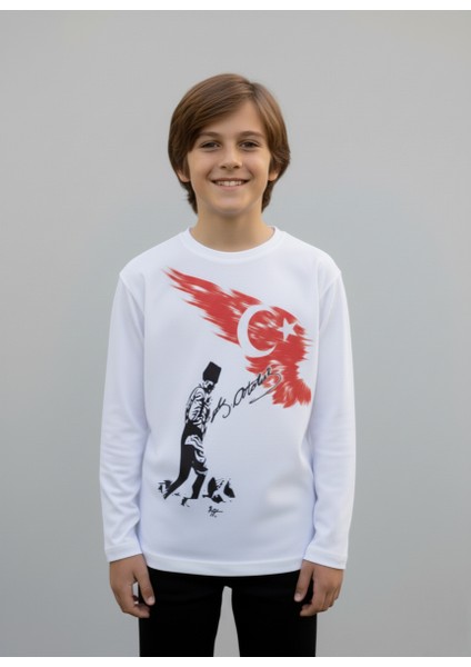 Çoçuk Erkek-Kız Atatürk Kocatepe Türk Bayraklı %100 Pamuk Uzun Kollu Beyaz T-Shirt