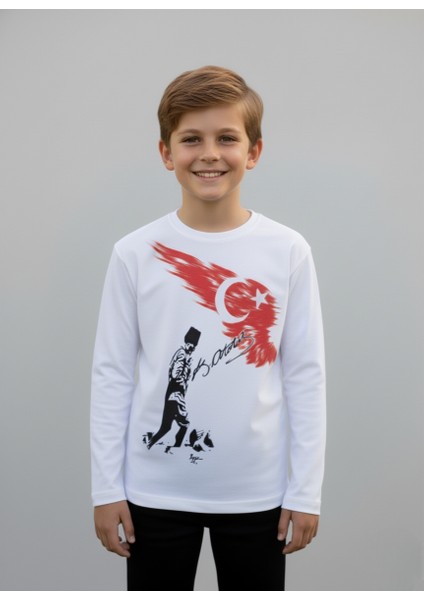 Çoçuk Erkek-Kız Atatürk Kocatepe Türk Bayraklı %100 Pamuk Uzun Kollu Beyaz T-Shirt fiyatları