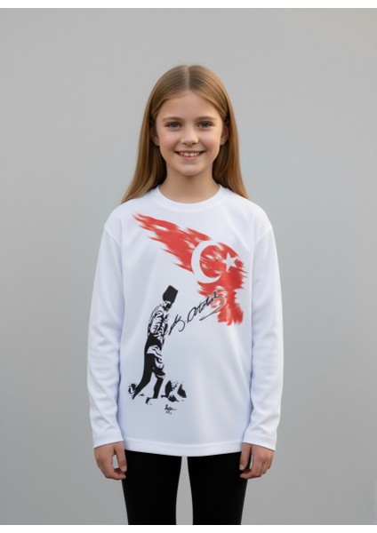 Çoçuk Erkek-Kız Atatürk Kocatepe Türk Bayraklı %100 Pamuk Uzun Kollu Beyaz T-Shirt modelleri
