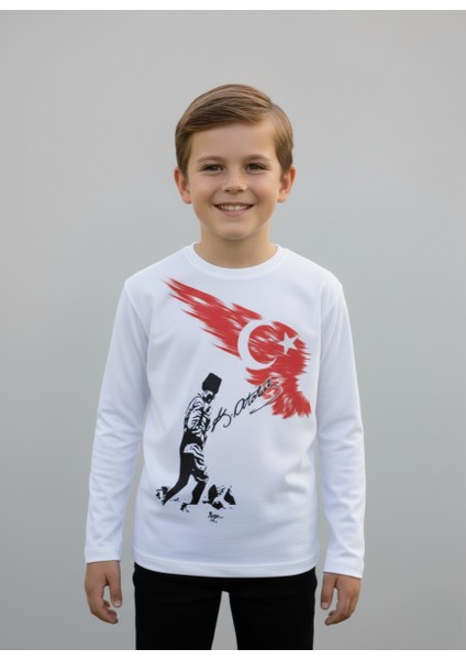 Çoçuk Erkek-Kız Atatürk Kocatepe Türk Bayraklı %100 Pamuk Uzun Kollu Beyaz T-Shirt fırsatları