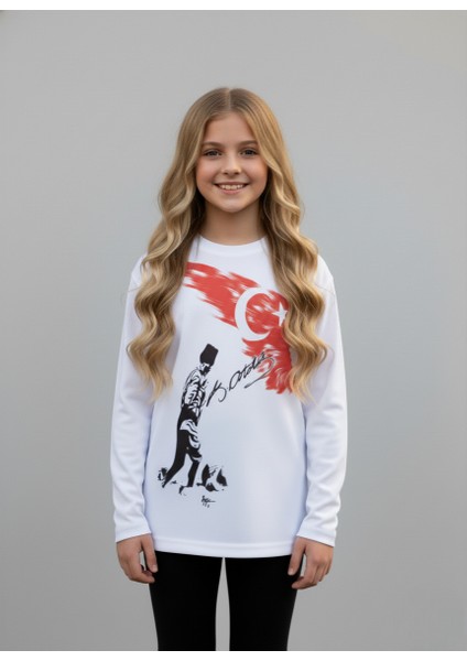 Çoçuk Erkek-Kız Atatürk Kocatepe Türk Bayraklı %100 Pamuk Uzun Kollu Beyaz T-Shirt indirimleri