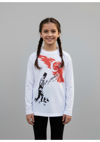 Çoçuk Erkek-Kız Atatürk Kocatepe Türk Bayraklı %100 Pamuk Uzun Kollu Beyaz T-Shirt