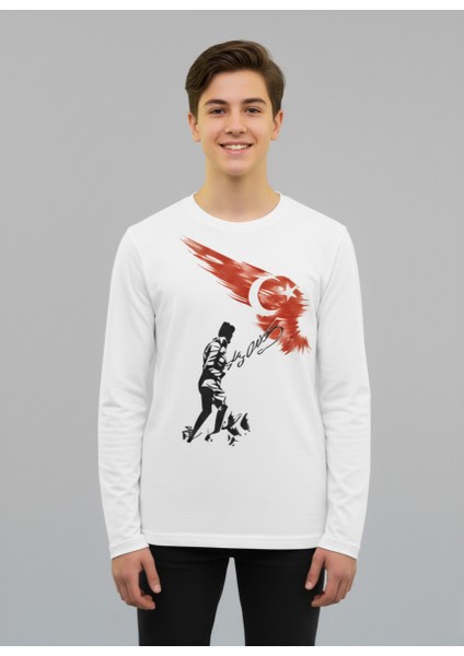 Çoçuk Erkek-Kız Atatürk Kocatepe Türk Bayraklı %100 Pamuk Uzun Kollu Beyaz T-Shirt