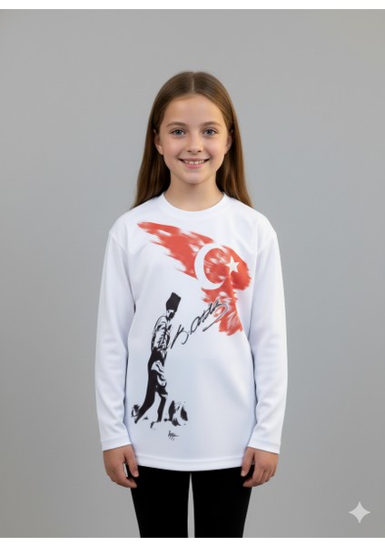 Çoçuk Erkek-Kız Atatürk Kocatepe Türk Bayraklı %100 Pamuk Uzun Kollu Beyaz T-Shirt