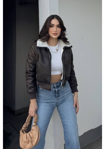 Kadın Ceket Kısa Süet Içi Kürklü Fermuarlı Çift Cepli Ribanalı Kısa Mont