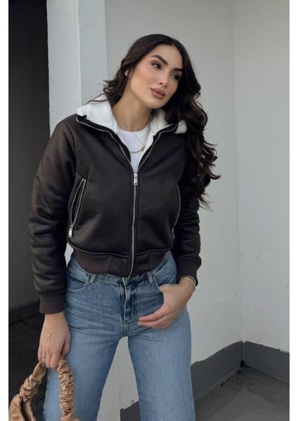 Kadın Ceket Kısa Süet Içi Kürklü Fermuarlı Çift Cepli Ribanalı Kısa Mont modelleri