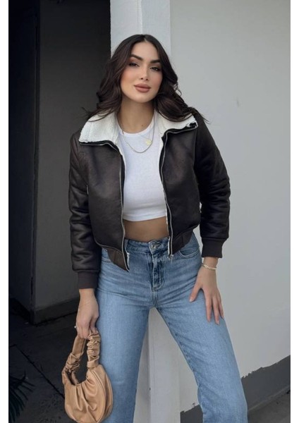 Kadın Ceket Kısa Süet Içi Kürklü Fermuarlı Çift Cepli Ribanalı Kısa Mont fırsatları