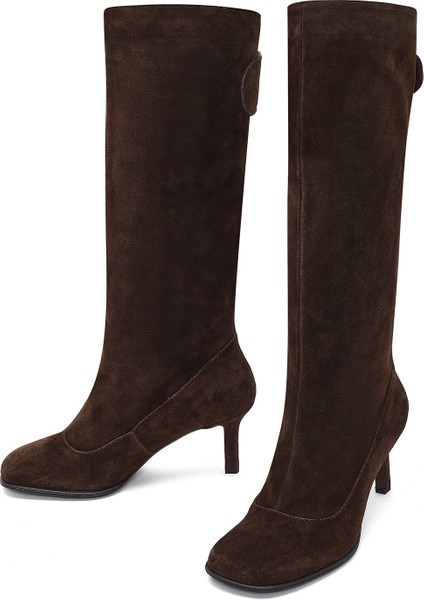 Kadın Kahverengi Ince Topuklu Süet Deri Çizme 25AFD490410 modelleri