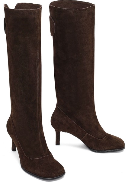 Kadın Kahverengi Ince Topuklu Süet Deri Çizme 25AFD490410