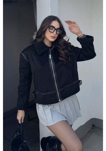 Kadın Süet Mont Içi Kürklü Fermuarlı Cepli Yaka ve Kol Detaylı Premium Regular Ceket