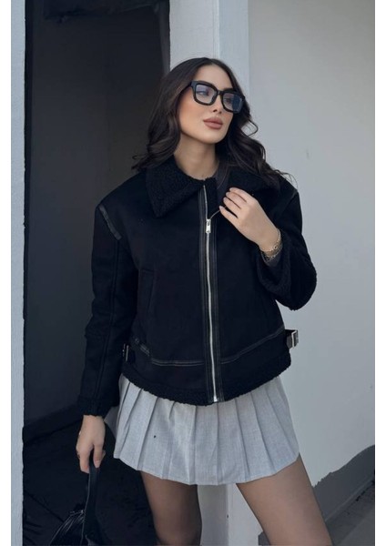 Kadın Süet Mont Içi Kürklü Fermuarlı Cepli Yaka ve Kol Detaylı Premium Regular Ceket modelleri