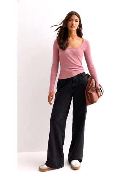 Kadın Siyah Uzun Kol, Derin Havuz Yaka Bluz, Fitilli Kaşkorse Kumaş fiyatları