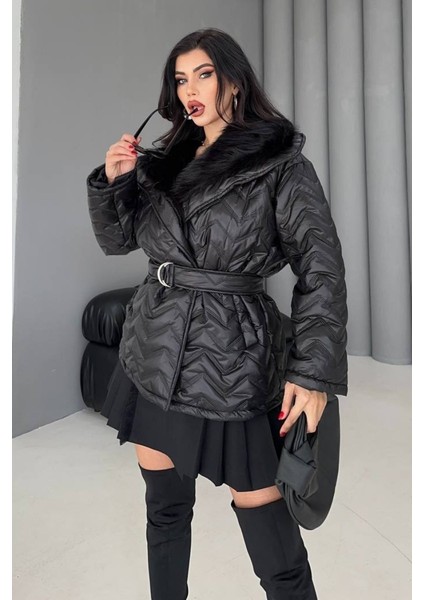 Kadın Şişme Mont Geniş Yaka Kemerli Içi Kürklü Kapitone Mont