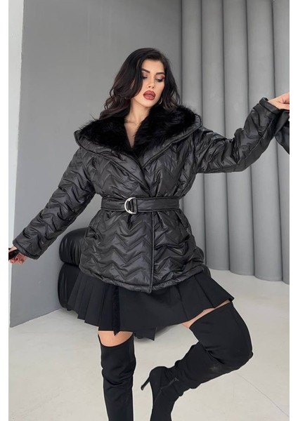Kadın Şişme Mont Geniş Yaka Kemerli Içi Kürklü Kapitone Mont fiyatları