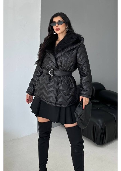 Kadın Şişme Mont Geniş Yaka Kemerli Içi Kürklü Kapitone Mont modelleri
