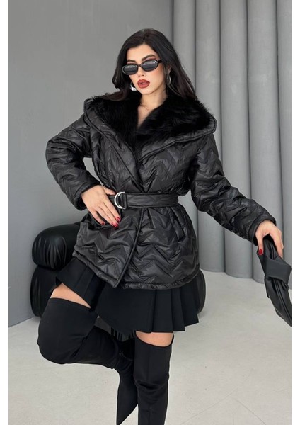 Kadın Şişme Mont Geniş Yaka Kemerli Içi Kürklü Kapitone Mont fırsatları