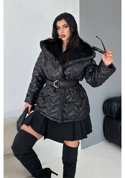 Kadın Şişme Mont Geniş Yaka Kemerli Içi Kürklü Kapitone Mont indirimleri
