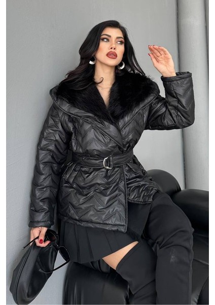 Kadın Şişme Mont Geniş Yaka Kemerli Içi Kürklü Kapitone Mont