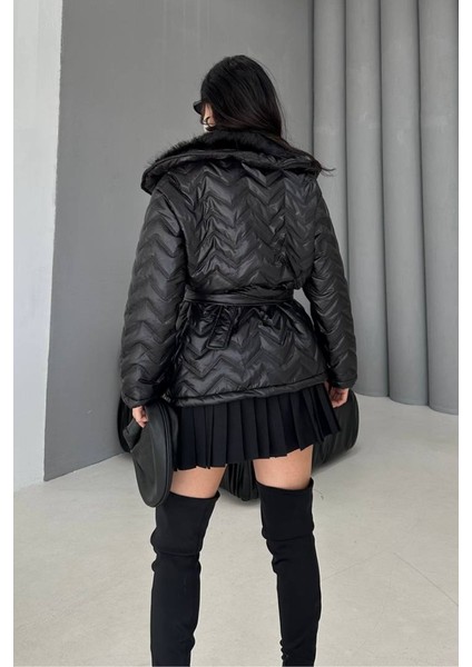 Kadın Şişme Mont Geniş Yaka Kemerli Içi Kürklü Kapitone Mont