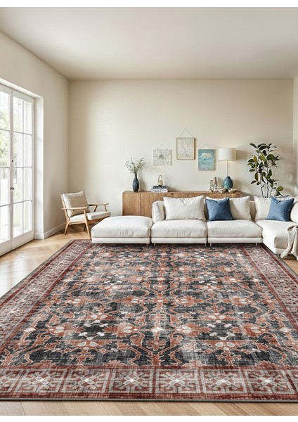 Vintage Esintili Kiremit Kahve Antrasit Makinede Yıkanabilir Kaymaz Salon Halısı