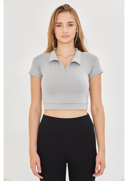 Kadın Esnek Modal Kumaş Polo Yaka Tişört Gri 8508-G