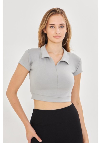 Kadın Esnek Modal Kumaş Polo Yaka Tişört Gri 8508-G modelleri