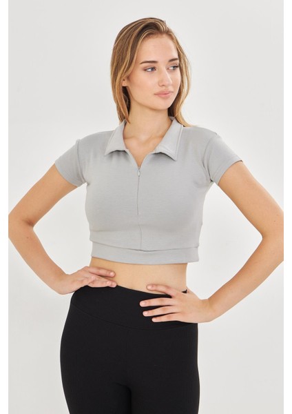 Kadın Esnek Modal Kumaş Polo Yaka Tişört Gri 8508-G indirimleri
