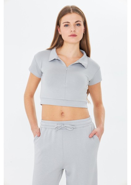 Kadın Esnek Modal Kumaş Polo Yaka Tişört Gri 8508-G