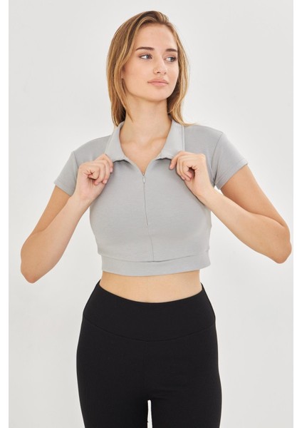 Kadın Esnek Modal Kumaş Polo Yaka Tişört Gri 8508-G