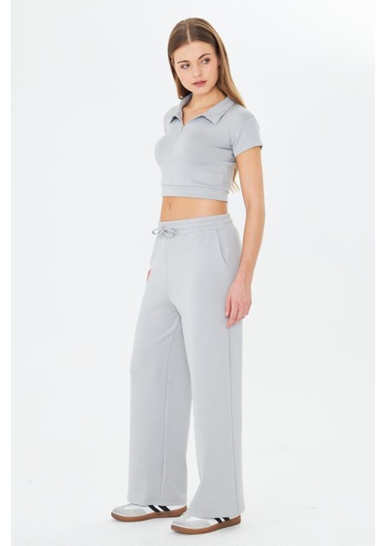 Kadın Esnek Modal Kumaş Polo Yaka Tişört Gri 8508-G