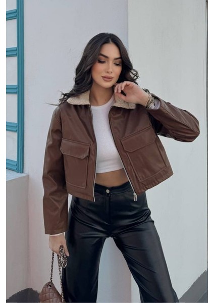 Kadın Crop Ceket Suni Deri Yakası Kürklü Fermuarlı Çift Cepli Kısa Deri Mont