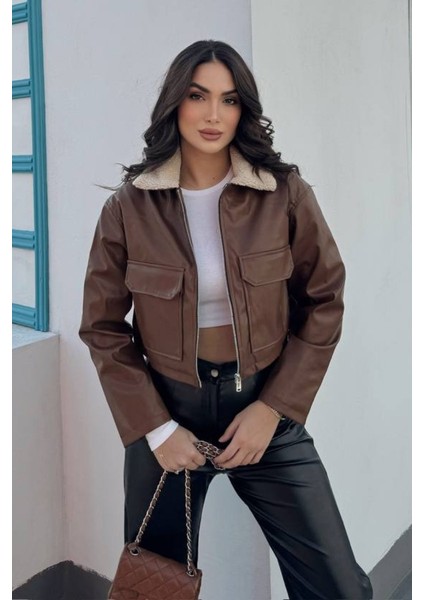 Kadın Crop Ceket Suni Deri Yakası Kürklü Fermuarlı Çift Cepli Kısa Deri Mont fiyatları
