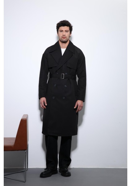 Siyah Kruvaze Kapama Kemerli Trençkot