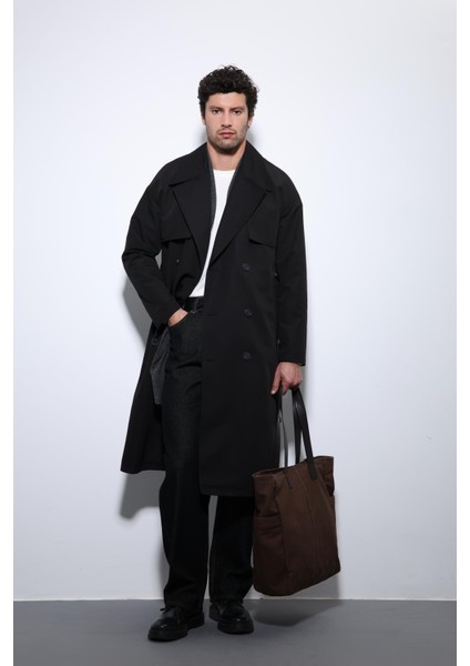 Siyah Kruvaze Kapama Kemerli Trençkot