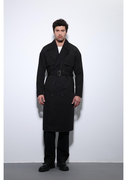 Siyah Kruvaze Kapama Kemerli Trençkot