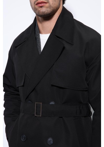 Siyah Kruvaze Kapama Kemerli Trençkot