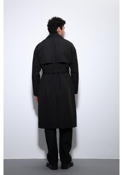Siyah Kruvaze Kapama Kemerli Trençkot