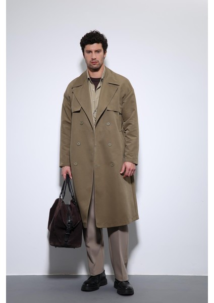 Açık Haki Kruvaze Kapama Kemerli Trençkot