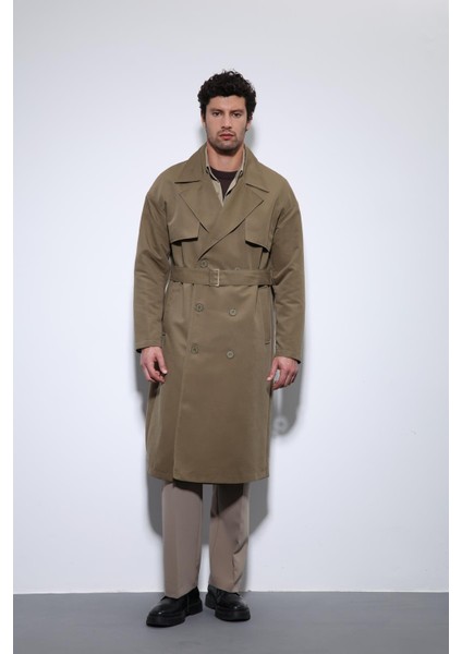 Açık Haki Kruvaze Kapama Kemerli Trençkot