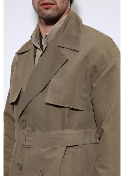 Açık Haki Kruvaze Kapama Kemerli Trençkot