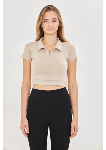 Kadın Esnek Modal Kumaş Polo Yaka Tişört Bej 8508-B