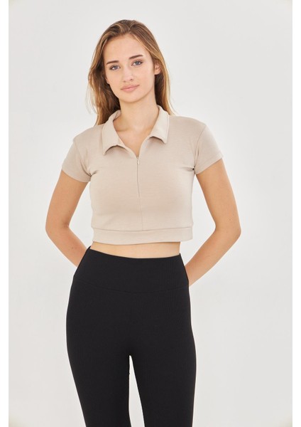 Kadın Esnek Modal Kumaş Polo Yaka Tişört Bej 8508-B modelleri