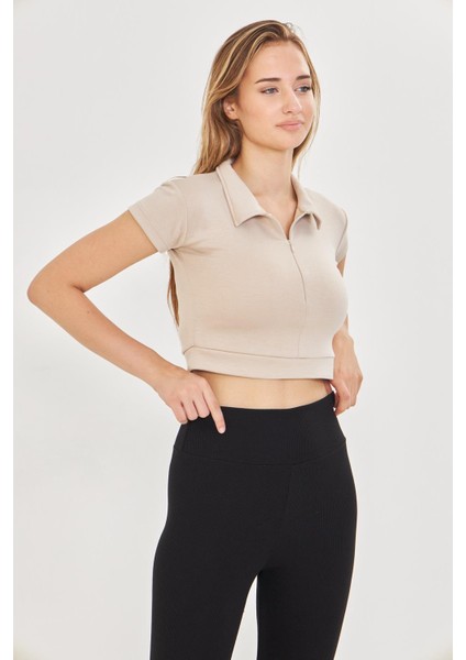 Kadın Esnek Modal Kumaş Polo Yaka Tişört Bej 8508-B indirimleri