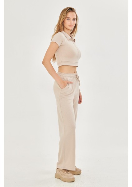 Kadın Esnek Modal Kumaş Polo Yaka Tişört Bej 8508-B