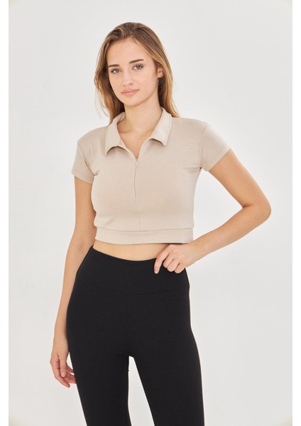 Kadın Esnek Modal Kumaş Polo Yaka Tişört Bej 8508-B