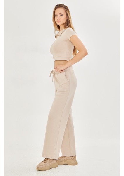 Kadın Esnek Modal Kumaş Polo Yaka Tişört Bej 8508-B