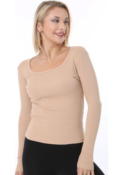 Kadın Siyah Uzun Kol, Derin Havuz Yaka Bluz, Fitilli Kaşkorse Kumaş