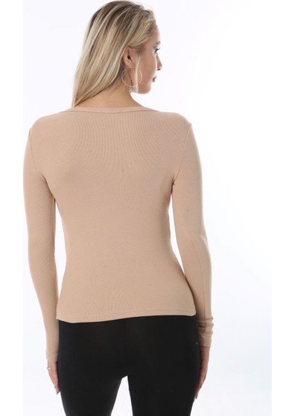 Kadın Siyah Uzun Kol, Derin Havuz Yaka Bluz, Fitilli Kaşkorse Kumaş