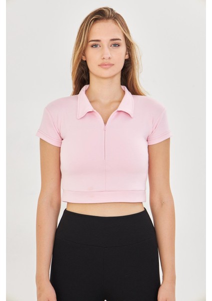 Kadın Esnek Modal Kumaş Polo Yaka Tişört Pembe 8508-P